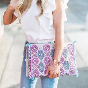 Beaded Embellished Boho Large Tassled Clutch NEW